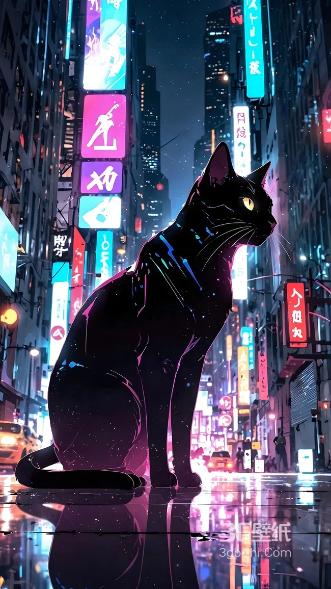 赛博朋克黑猫·霓虹都市夜景 赛博风手机壁纸1