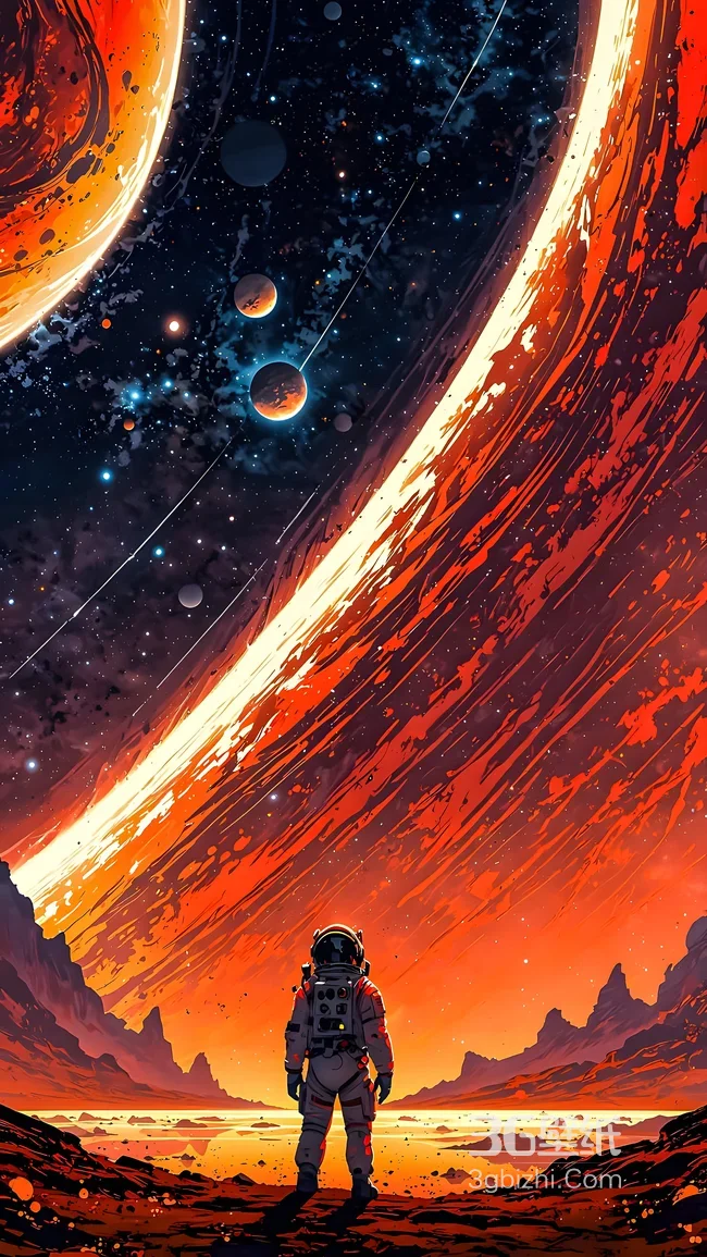 宇航员·异星眺望宇宙星河 科幻插画风超震撼宇宙探险手机壁纸1