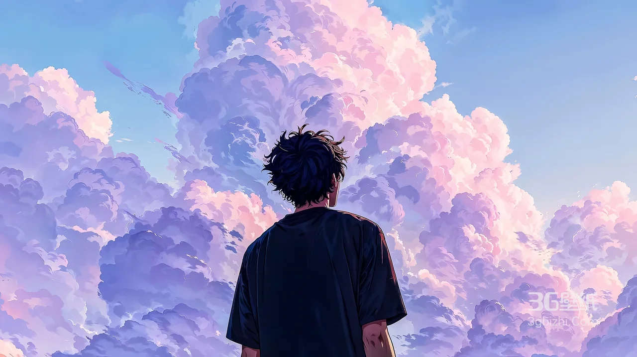 背影少年·粉紫云海二次元唯美风 超治愈宽屏电脑桌面背景1