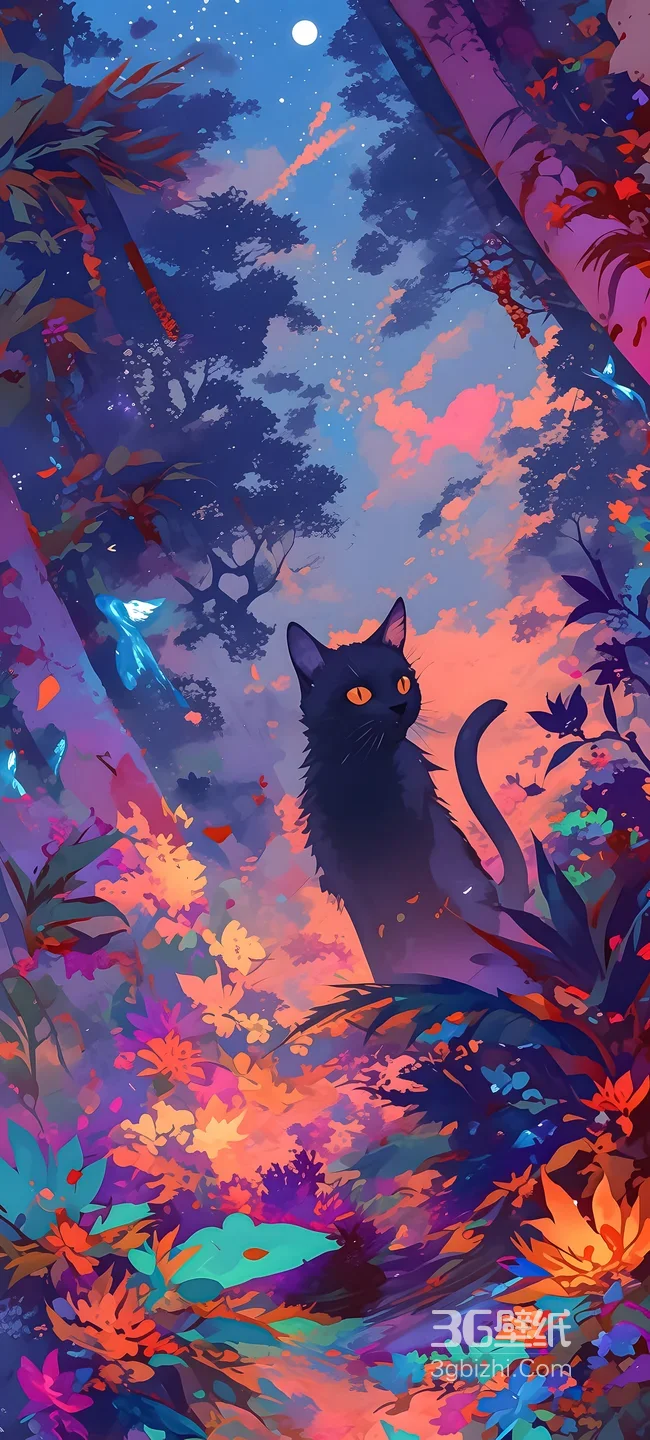 奇幻森林橙眼黑猫 梦幻插画风手机锁屏壁纸1