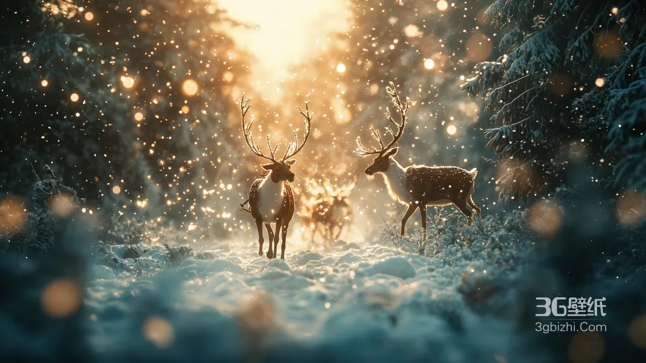 雪地驯鹿群·唯美梦幻·冬日森林童话电脑壁纸1