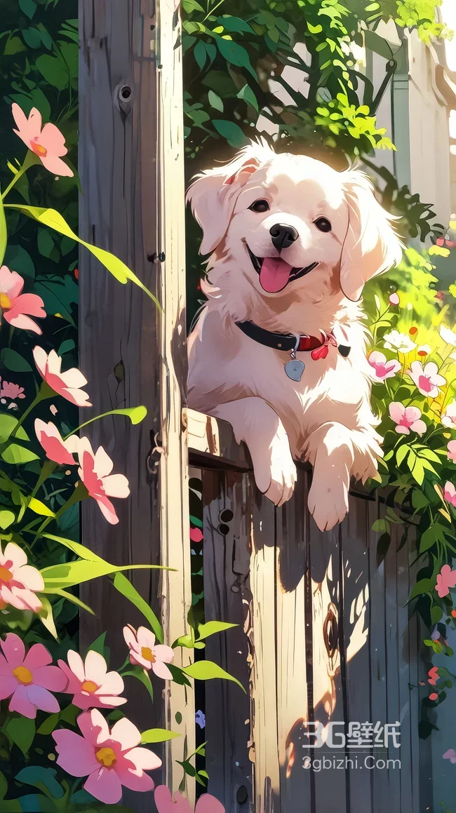 治愈系二次元插画·白犬趴围栏（鲜花暖光手机壁纸）1