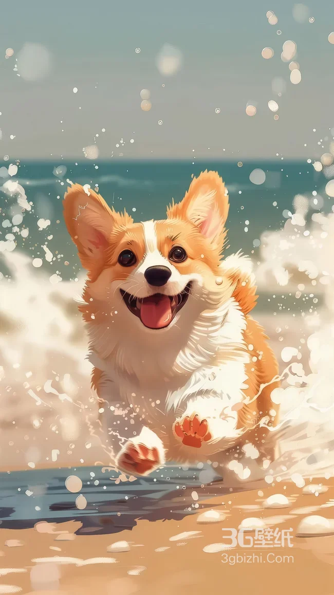 柯基·海边浪花嬉戏·治愈唯美风 治愈系宠物壁纸1