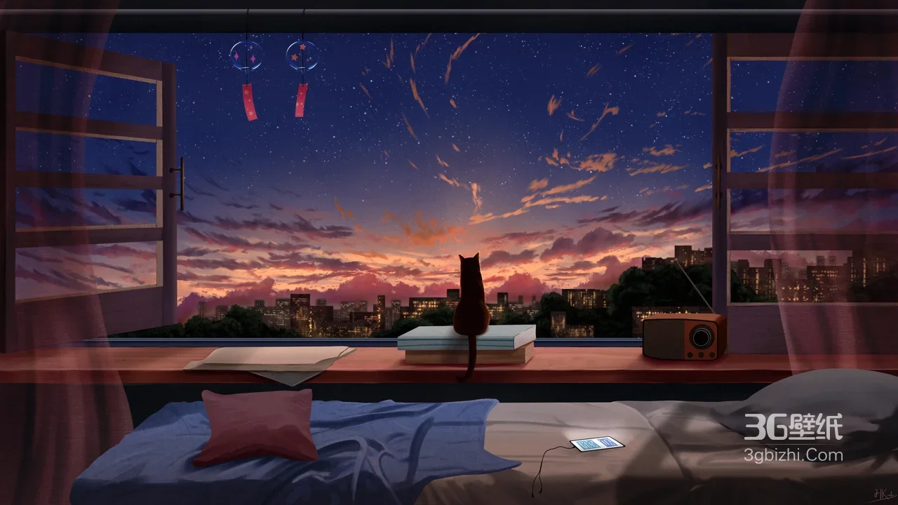 窗台黑猫眺望城市星空 唯美治愈插画 电脑桌面背景1