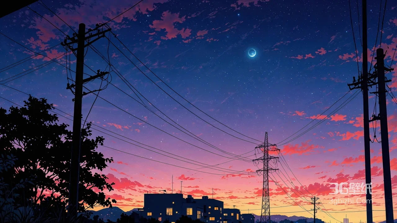 城市黄昏电线杆星空月牙·二次元唯美日系动漫电脑壁纸（宽屏）1