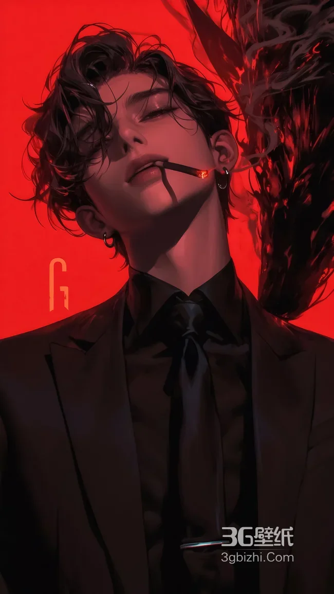 暗黑系禁欲卷发帅哥·西装烟雾原创插画 高人气暗黑手机壁纸1