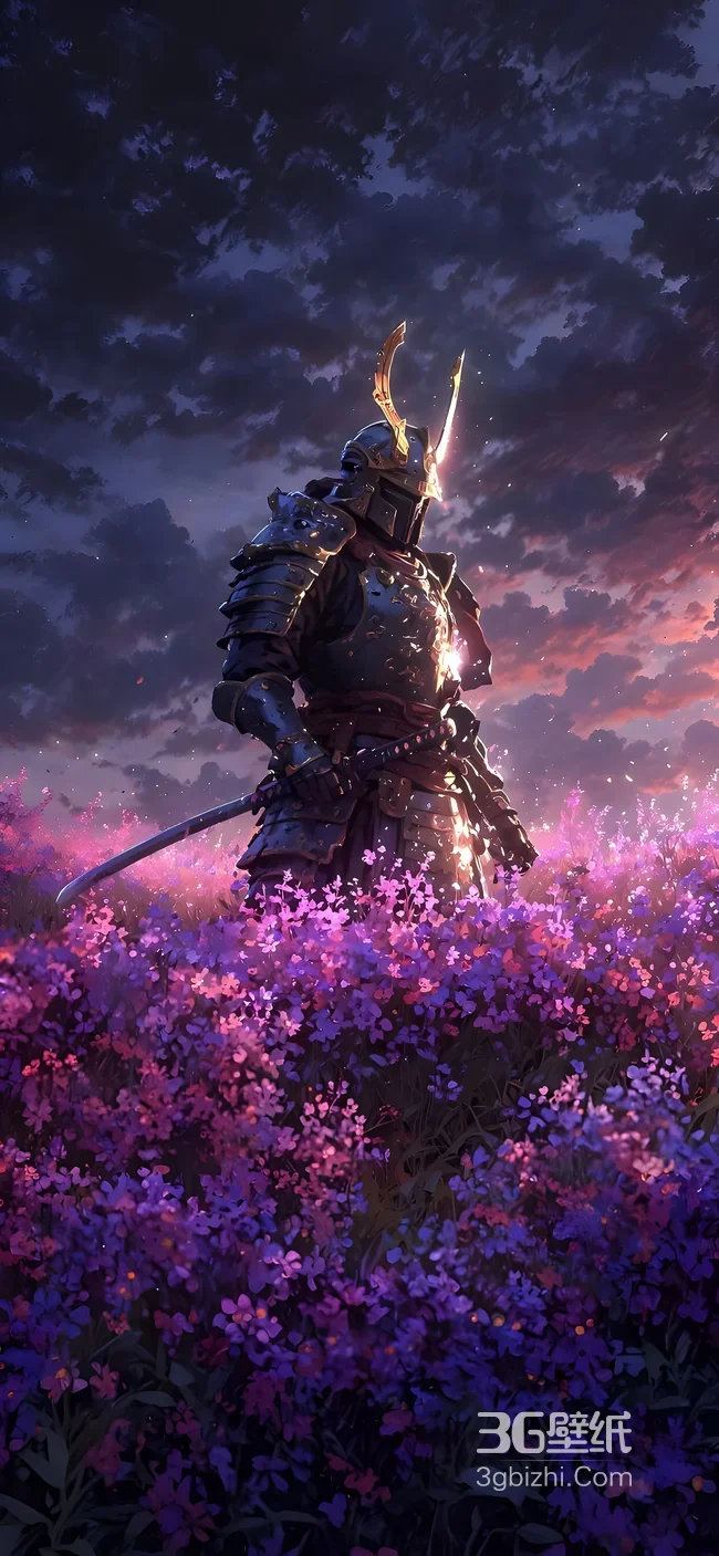 甲胄武士·刃映余晖 粉紫花海奇幻风武士壁纸1