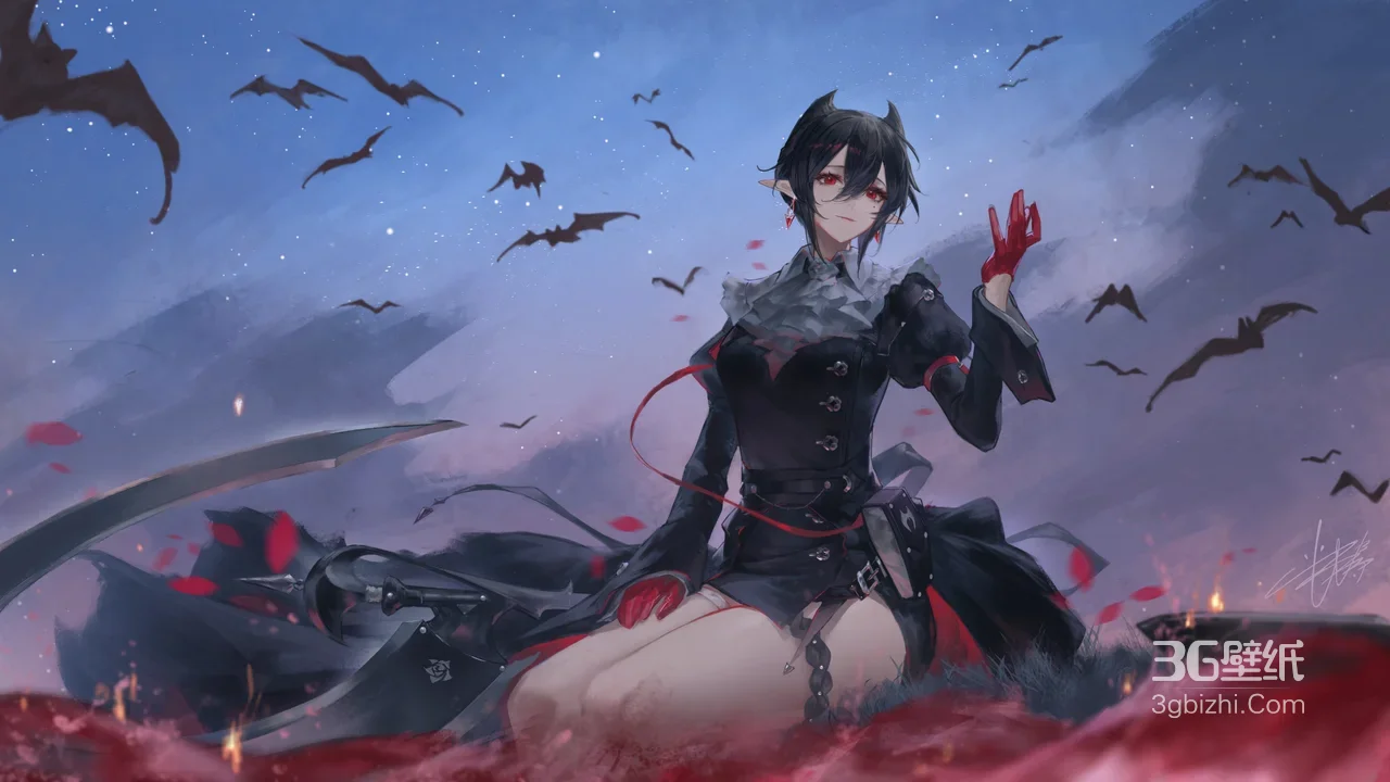 暗黑系恶魔耳红瞳少女·镰刀蝙蝠血色 宽屏车机壁纸1