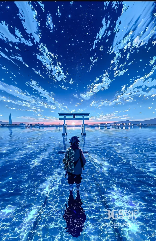 富冈义勇·水畔鸟居 二次元唯美鬼灭之刃场景壁纸1