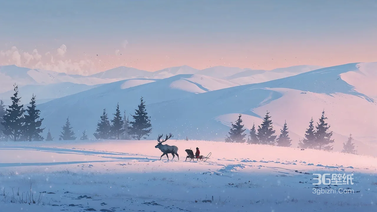 驯鹿雪橇·雪山松林唯美插画 冬日暖光电脑壁纸推荐1