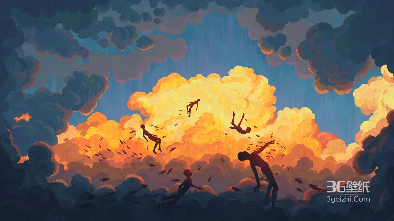 橙蓝云海人物剪影翱翔坠落·梦幻唯美电脑壁纸1