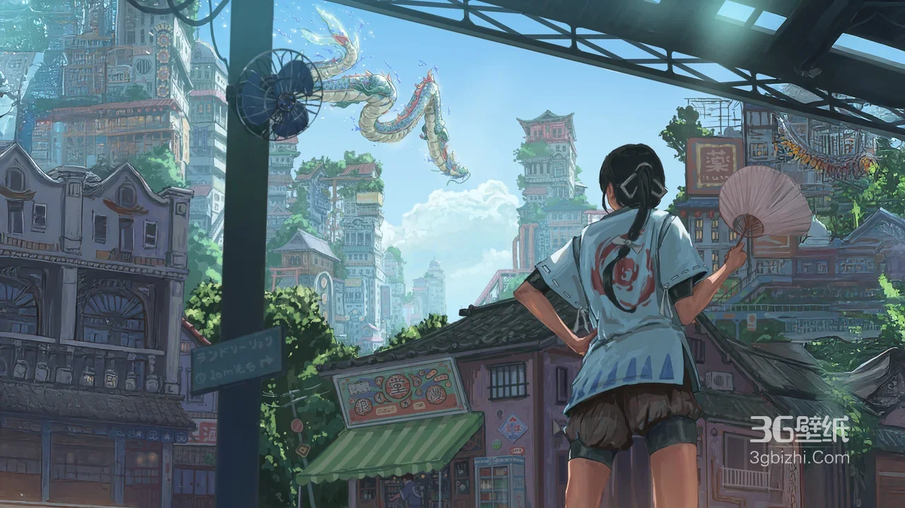 持扇少女背影·国风赛博都市神龙古风建筑群国漫电脑壁纸1