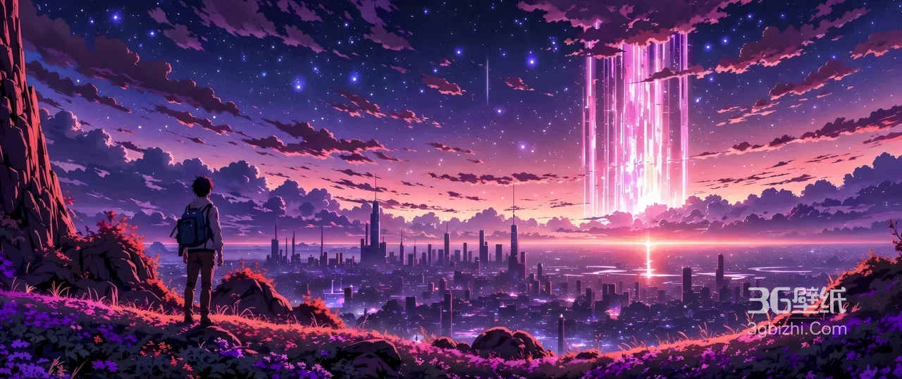 背包少年·赛博都市光瀑 二次元唯美动漫风电脑壁纸1
