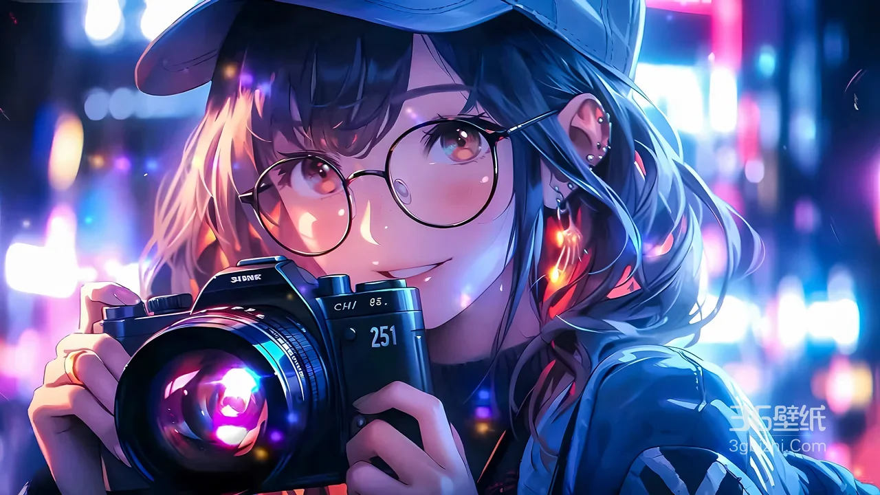 二次元眼镜少女·赛博朋克摄影 日系插画电脑壁纸1