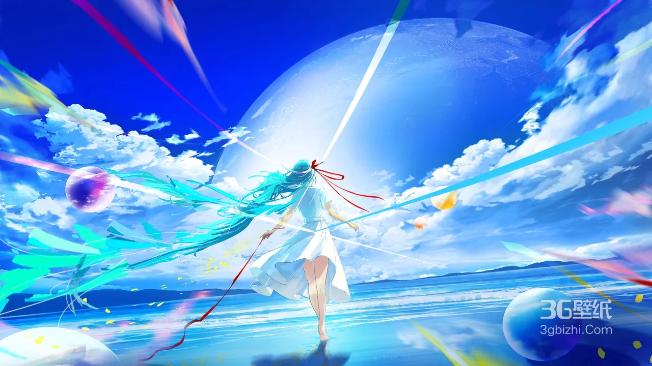 初音未来·蓝发飘曳白裙踏浪 唯美二次元VOCALOID桌面1