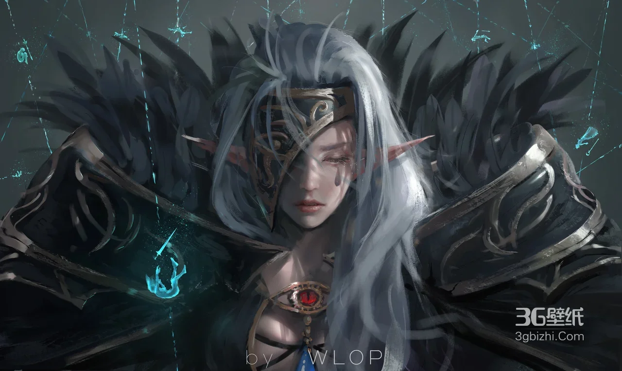 银发精灵·暗黑铠甲落泪（WLOP暗黑系高人气电脑壁纸）1