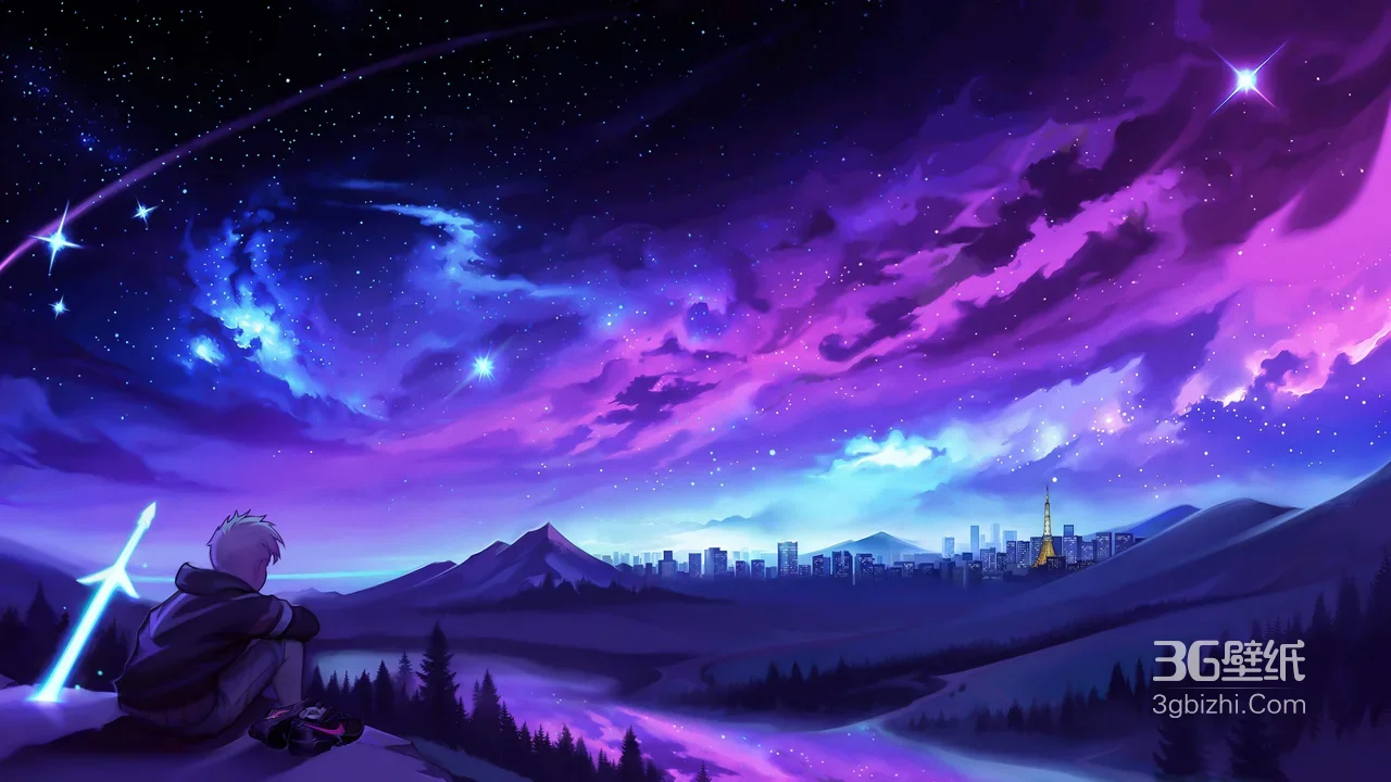白发少年·山崖望星空 二次元唯美城市夜景桌面背景1