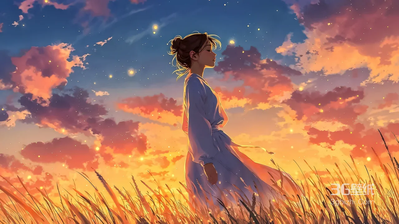 唯美治愈·黄昏麦田长裙少女 梦幻星光电脑壁纸1