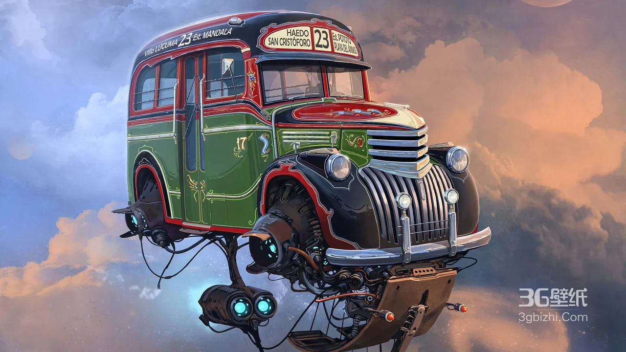 复古公交悬浮飞行器·蒸汽朋克奇幻风·赛博机械创意壁纸1