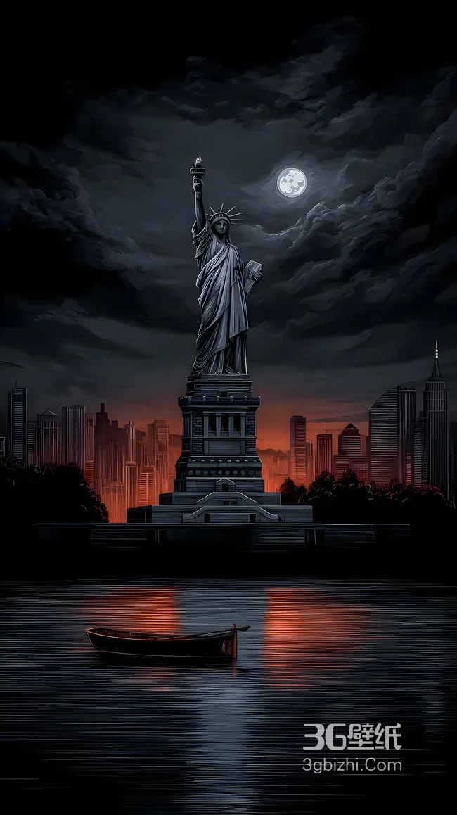 自由女神像·暗黑纽约夜景 氛围感手机壁纸精选1