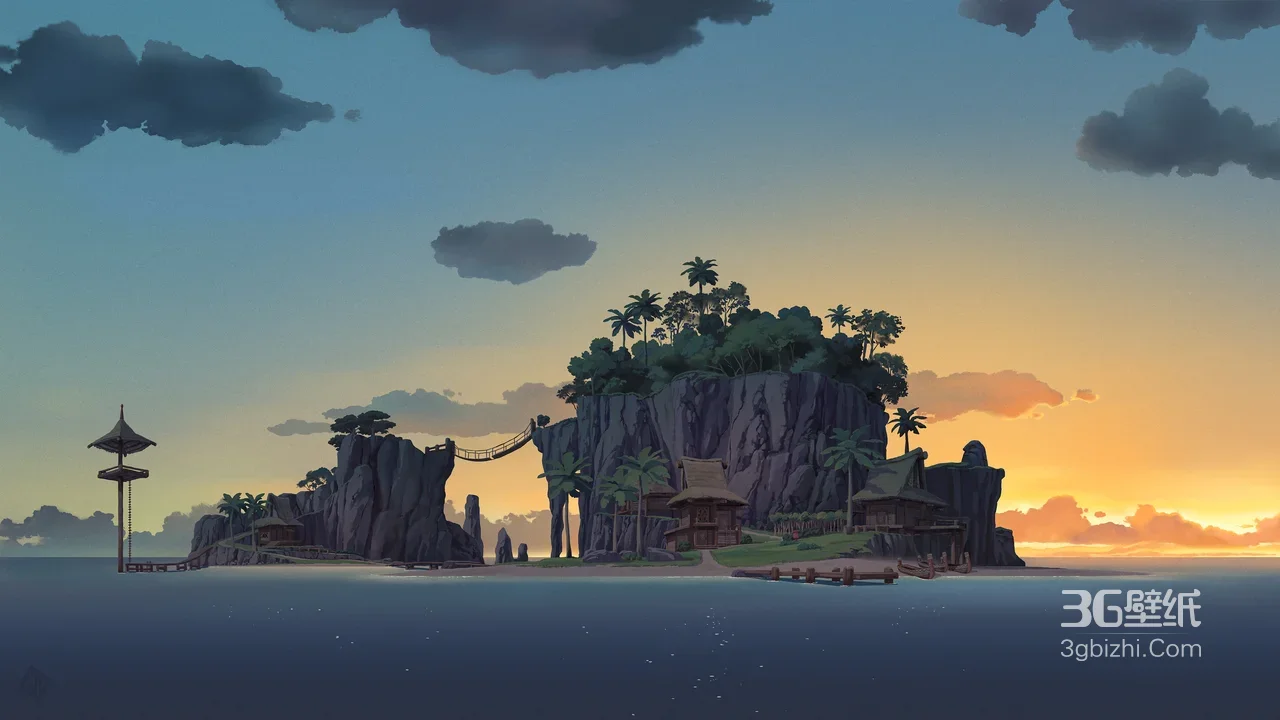 海岛岩居秘境·国漫唯美风 黄昏椰林海景电脑壁纸1