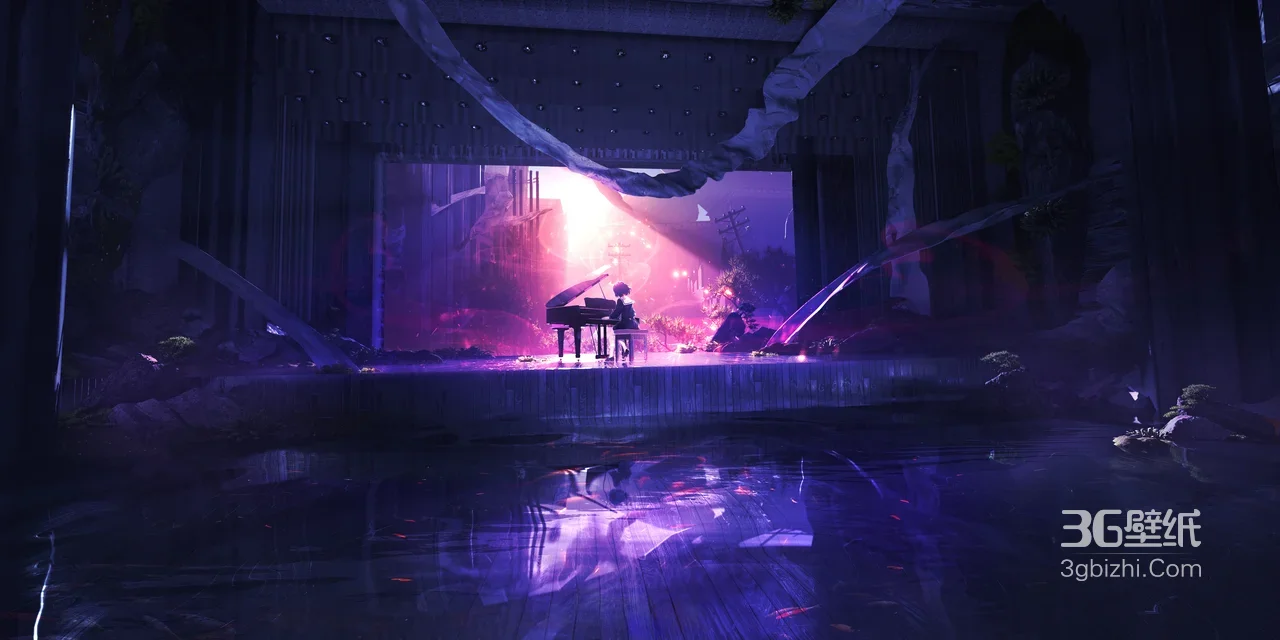 钢琴演奏者·废弃舞台暗黑赛博朋克风 宽屏车机壁纸1