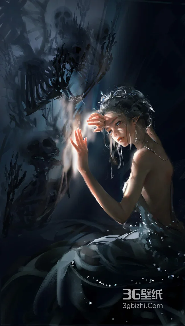精灵耳少女·掌心微光 暗黑奇幻骷髅环绕 原创插画手机壁纸1