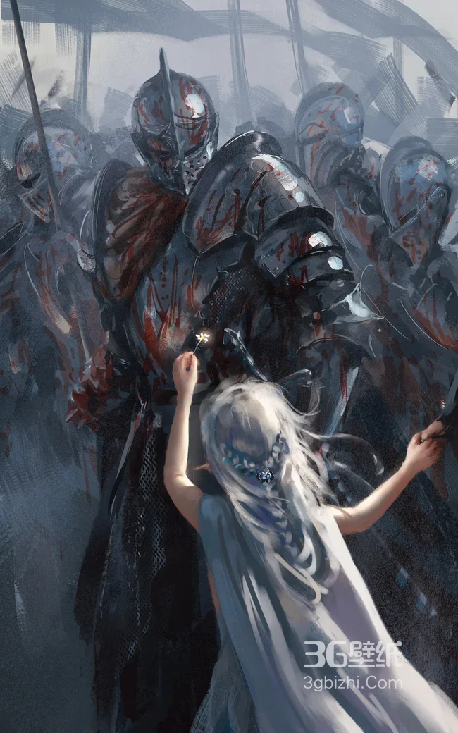 血渍盔甲骑士与白发女孩·暗黑写实风 治愈与残酷碰撞手机壁纸新选1