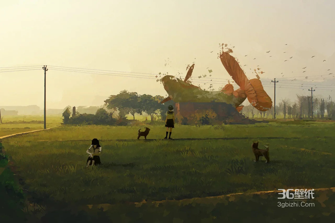 乡村田野少女与狗狗·破碎蝴蝶飞机 日系治愈宽屏电脑壁纸1