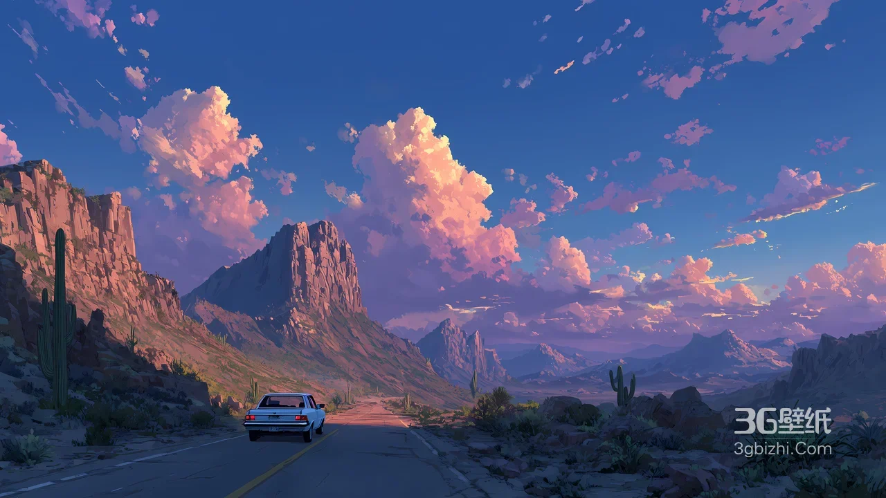 荒漠公路复古车·唯美插画山峦日落宽屏电脑壁纸1