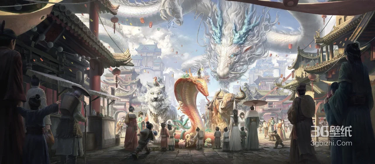 国风玄幻神话街市神兽盛景 插画宽屏电脑壁纸1
