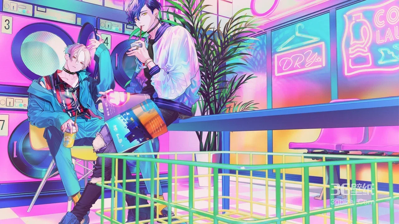 二次元动漫帅哥·霓虹洗衣房 赛博朋克风插画 赛博朋克动漫壁纸1