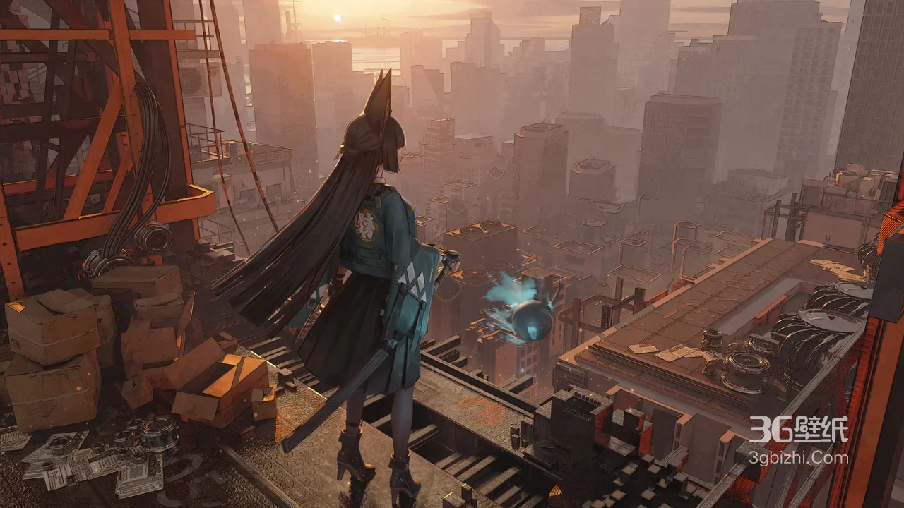 兽耳持剑少女·赛博国风 废土都市黄昏 宽屏电脑壁纸1