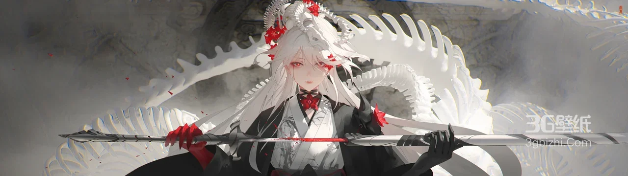 白发红瞳·龙骨长枪 国风暗黑二次元角色 高人气宽屏电脑壁纸1