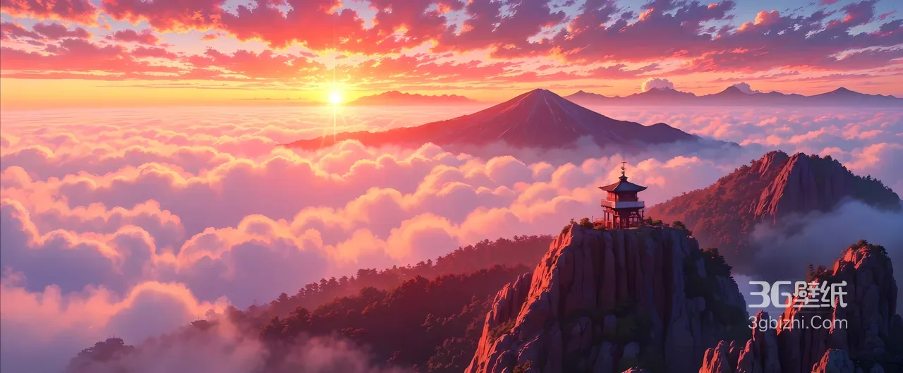 云海日出古建山巅·国漫唯美风·电脑桌面壁纸1