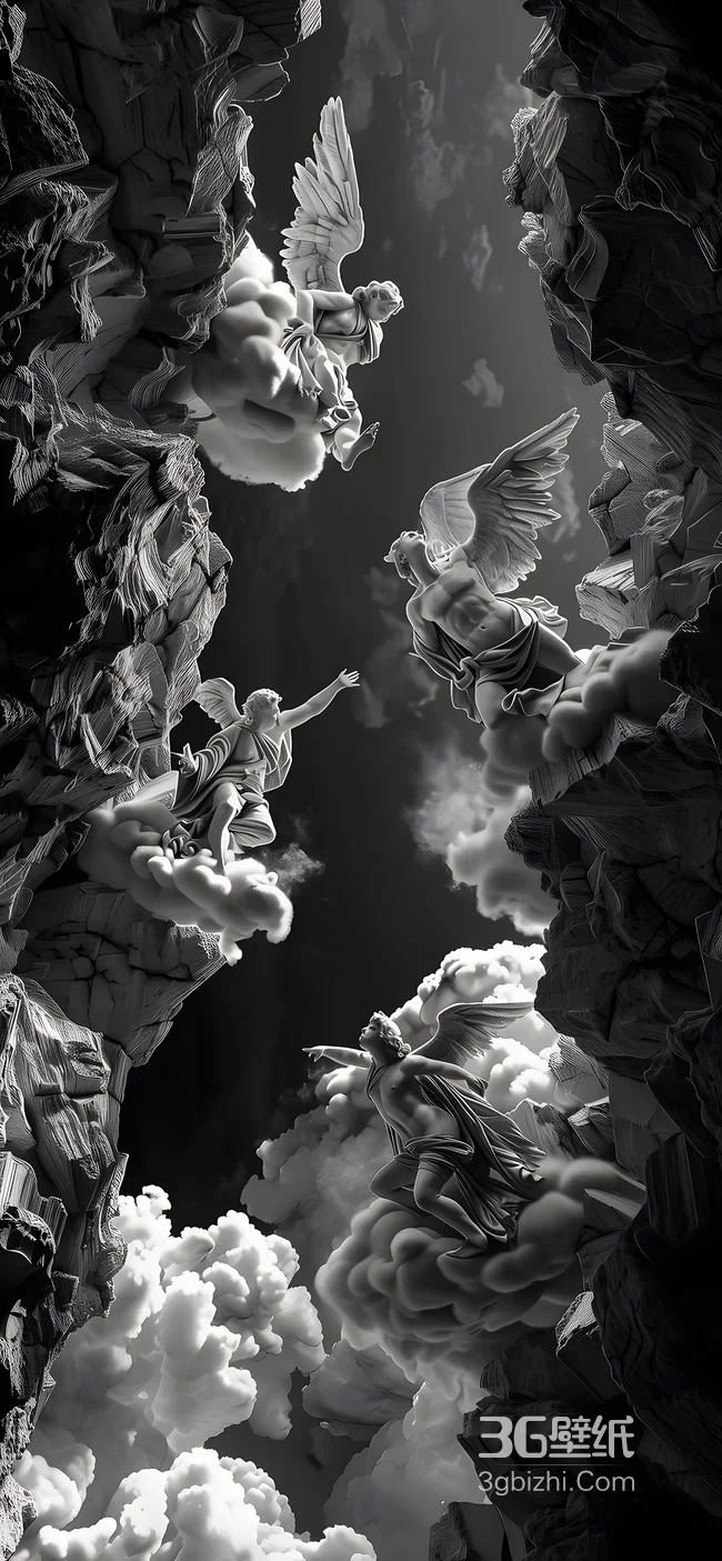 暗黑写实天使雕塑·云端岩壁互动 高质感壁纸1