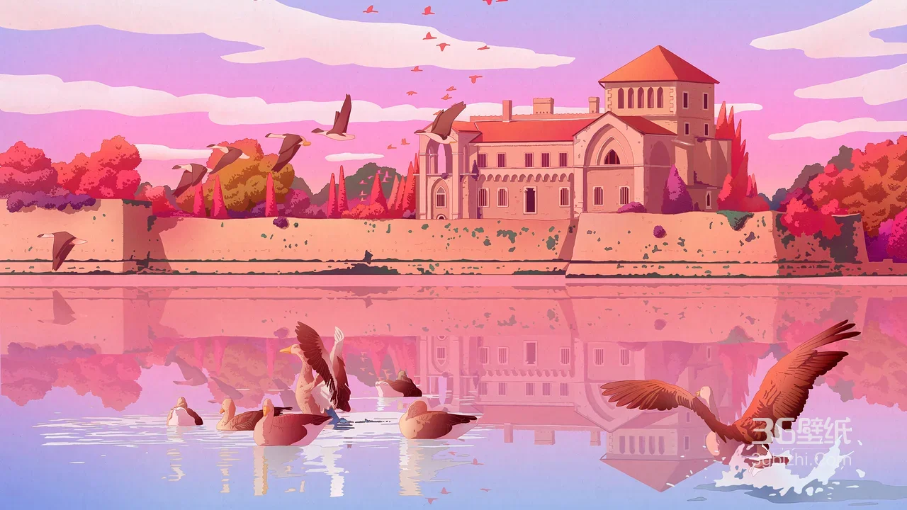 童话城堡湖泊雁鸭·唯美插画风·治愈宽屏电脑壁纸1