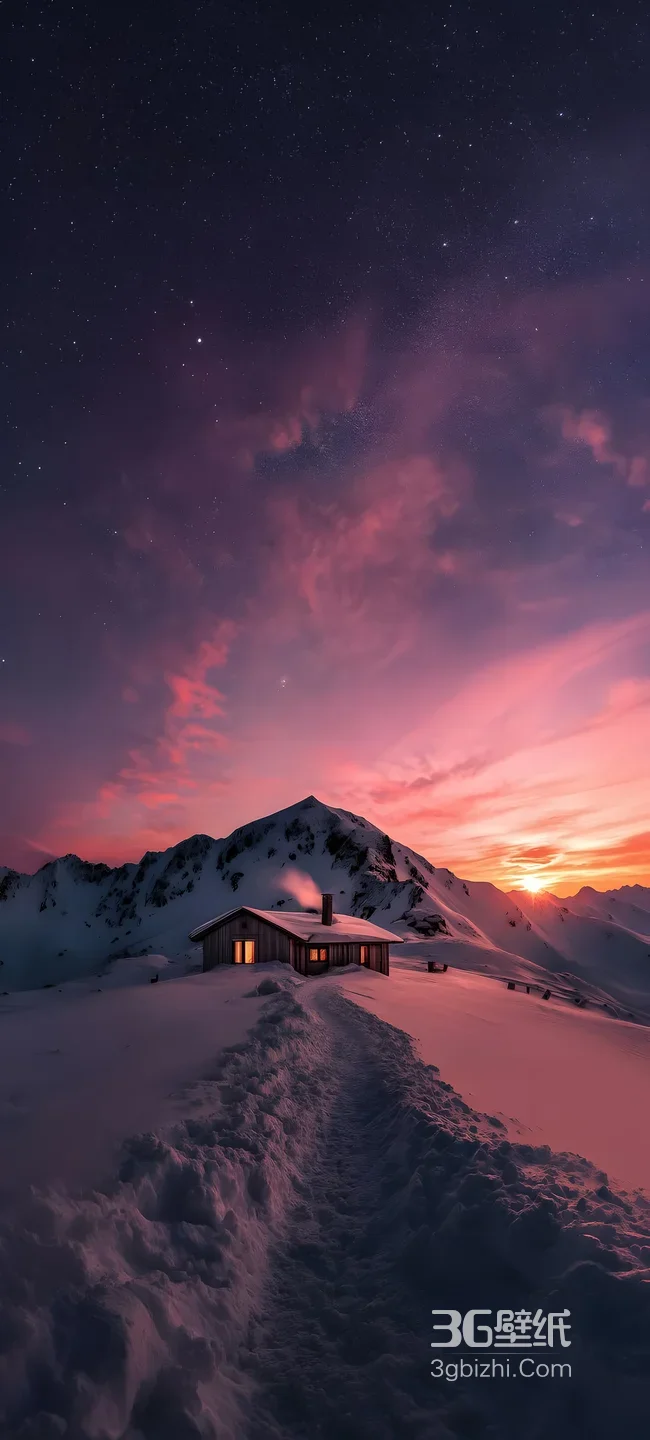 雪山孤屋·星空日出唯美雪景 高质感治愈系壁纸1