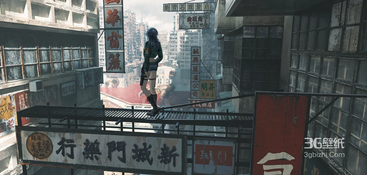 蓝发持枪少女·赛博国风都市废墟 赛博国风电脑壁纸1