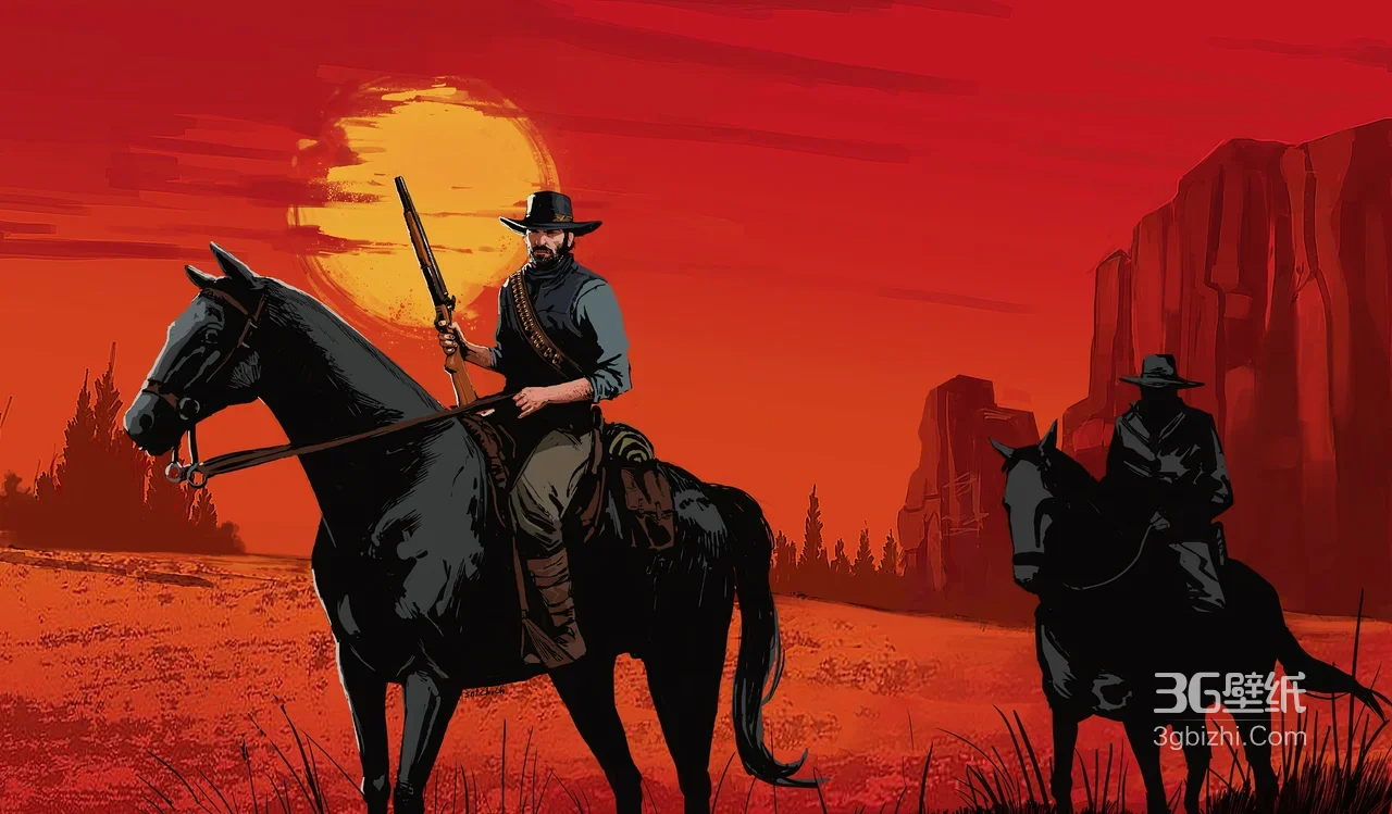 荒野大镖客西部牛仔骑马持枪 漫画风宽屏游戏壁纸1