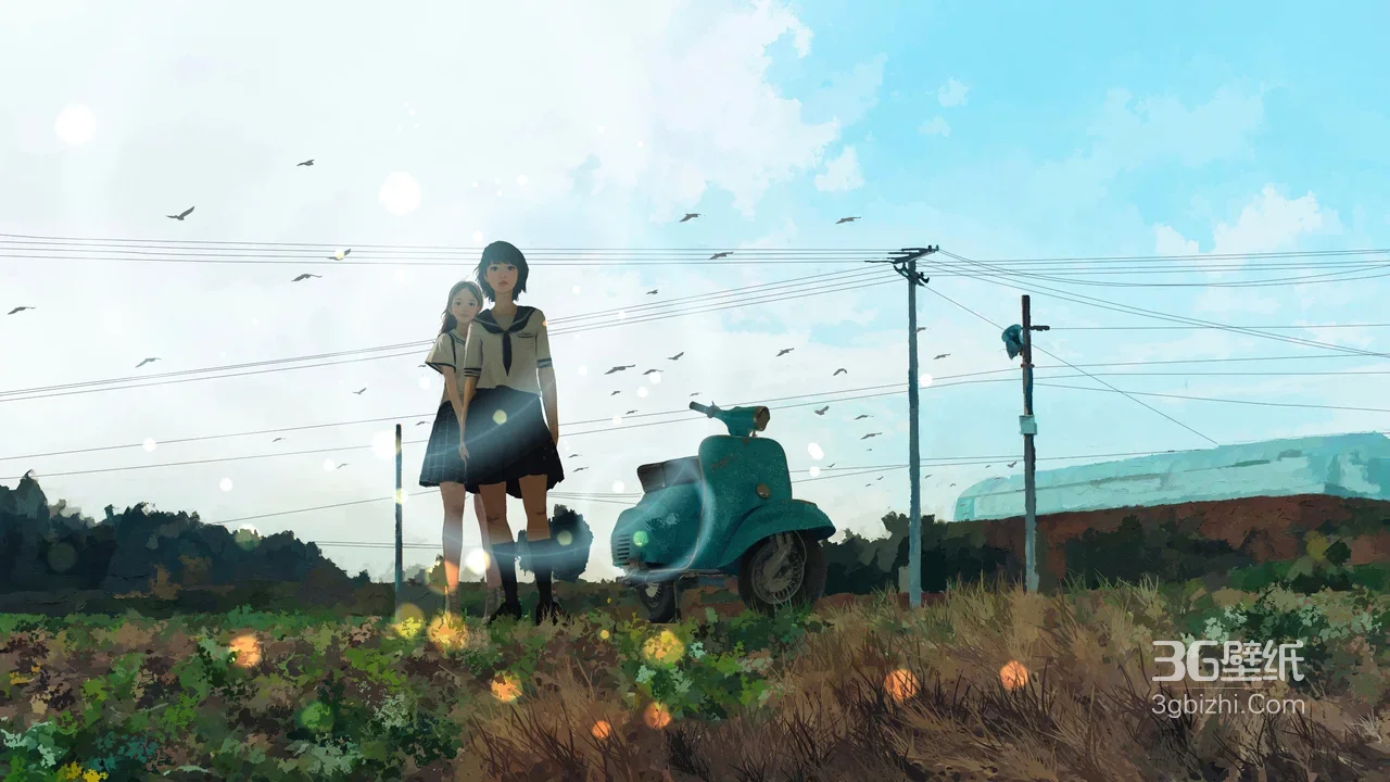 日系水手服少女与复古摩托 田野晴空唯美宽屏插画桌面背景1