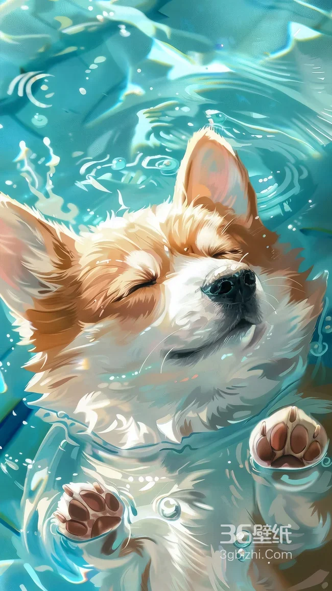 柯基·水中惬意漂浮 唯美插画风治愈系萌宠手机壁纸1