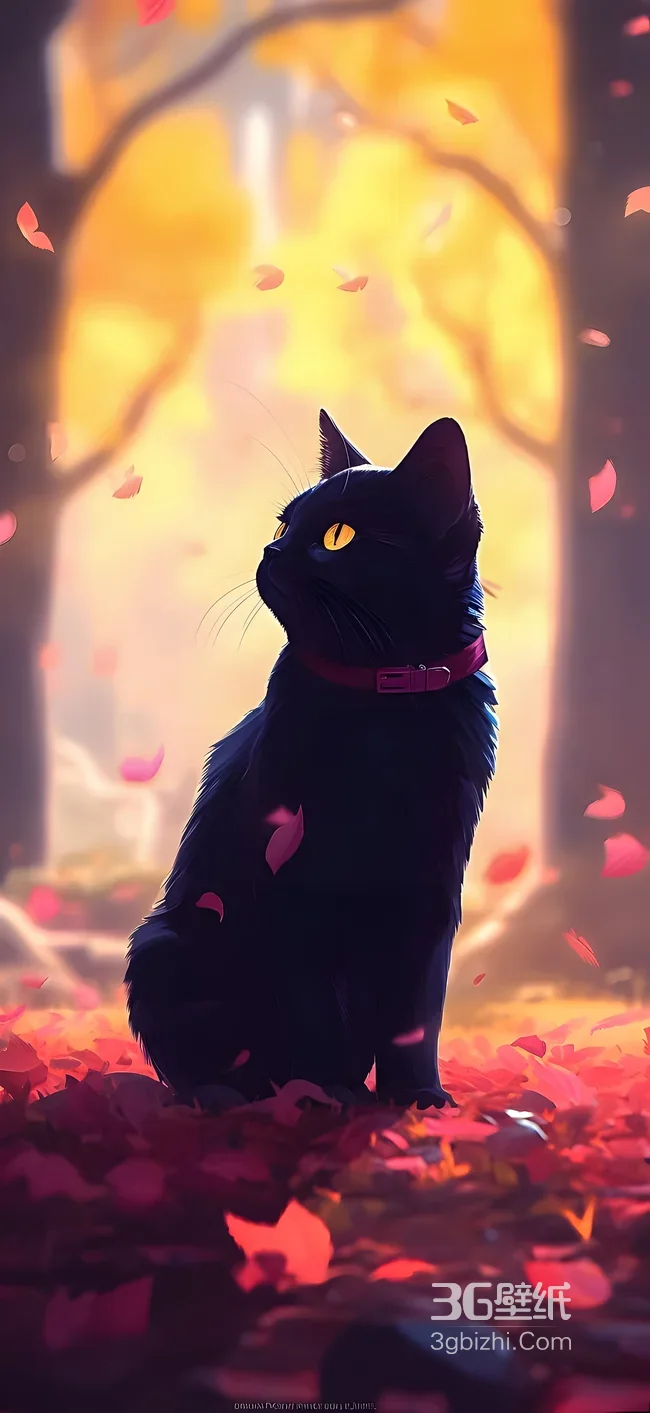 黑猫·玫红项圈·秋叶林 唯美梦幻暖秋手机壁纸1