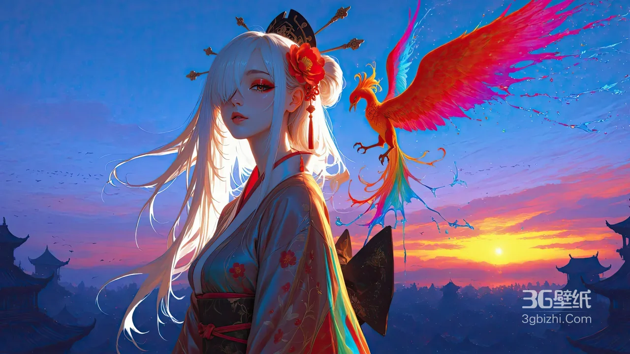 白发和服少女·凤凰伴身 国风唯美日落古风建筑宽屏电脑壁纸1