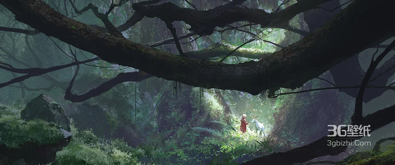 森林秘境·红衣少女与灵鹿·唯美梦幻国漫风宽屏车机壁纸1