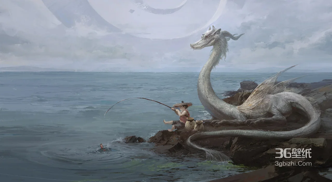 垂钓少年与东方白龙·国风奇幻 超宽屏电脑壁纸1