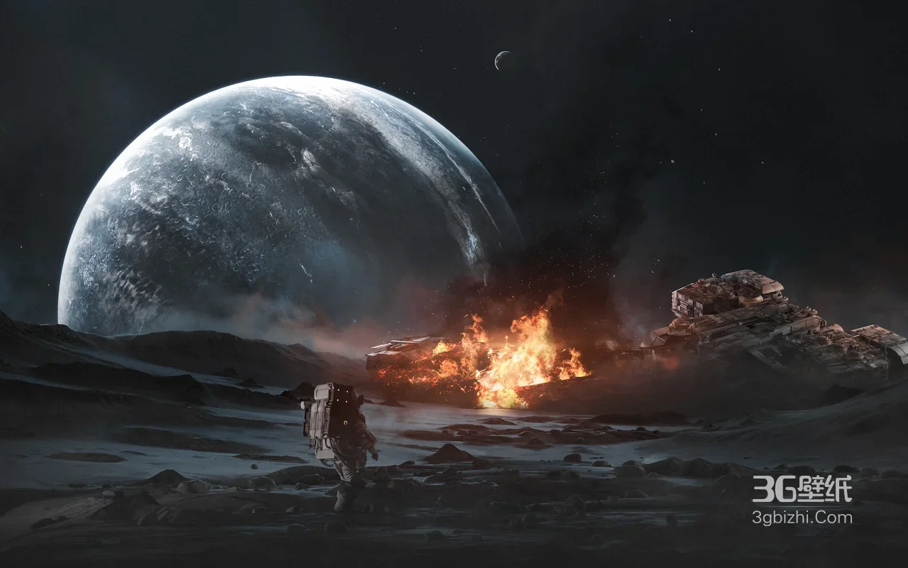 宇航员·星际残骸燃烧 暗黑科幻风 科幻概念星际生存电脑壁纸1