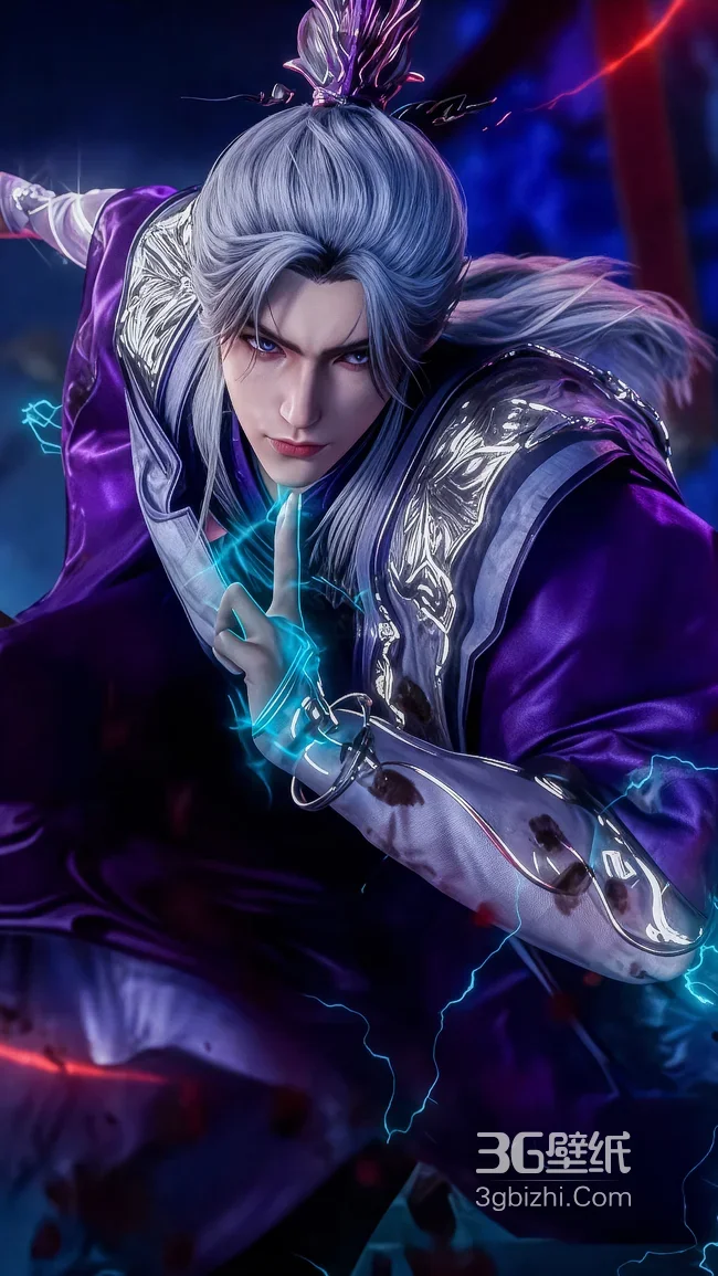 国漫帅哥王林·紫袍银发 电光凝指 古风玄幻手机壁纸1