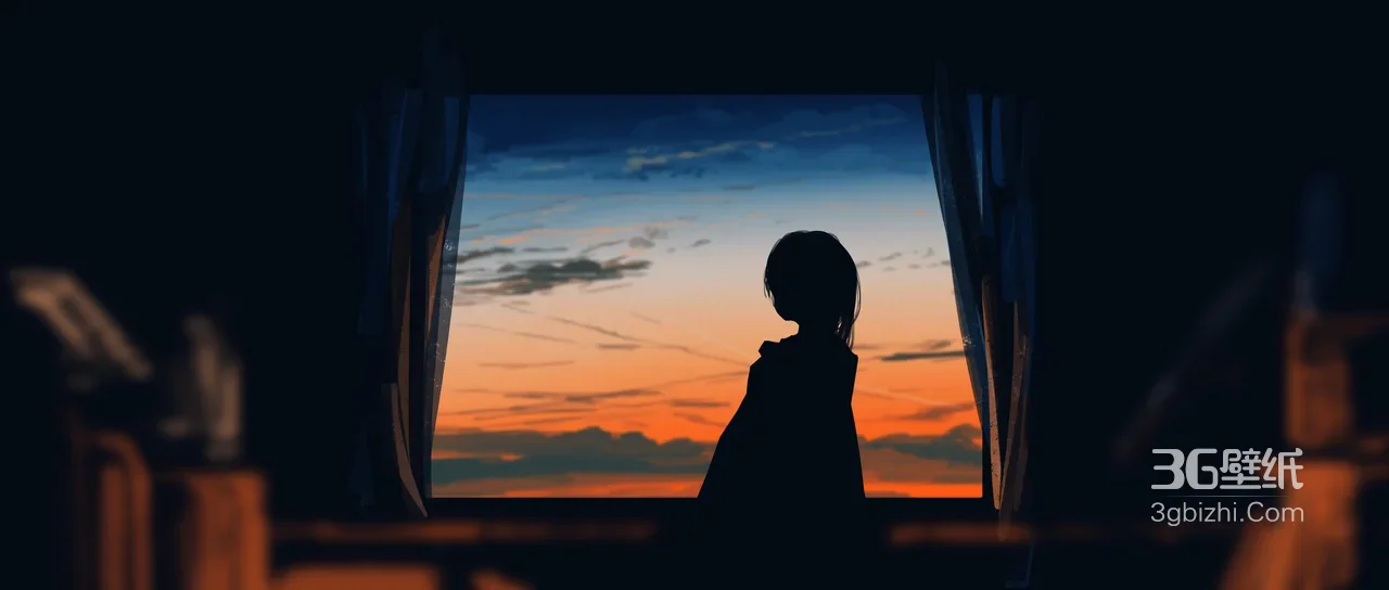 剪影女孩·窗边黄昏唯美治愈宽屏电脑壁纸1