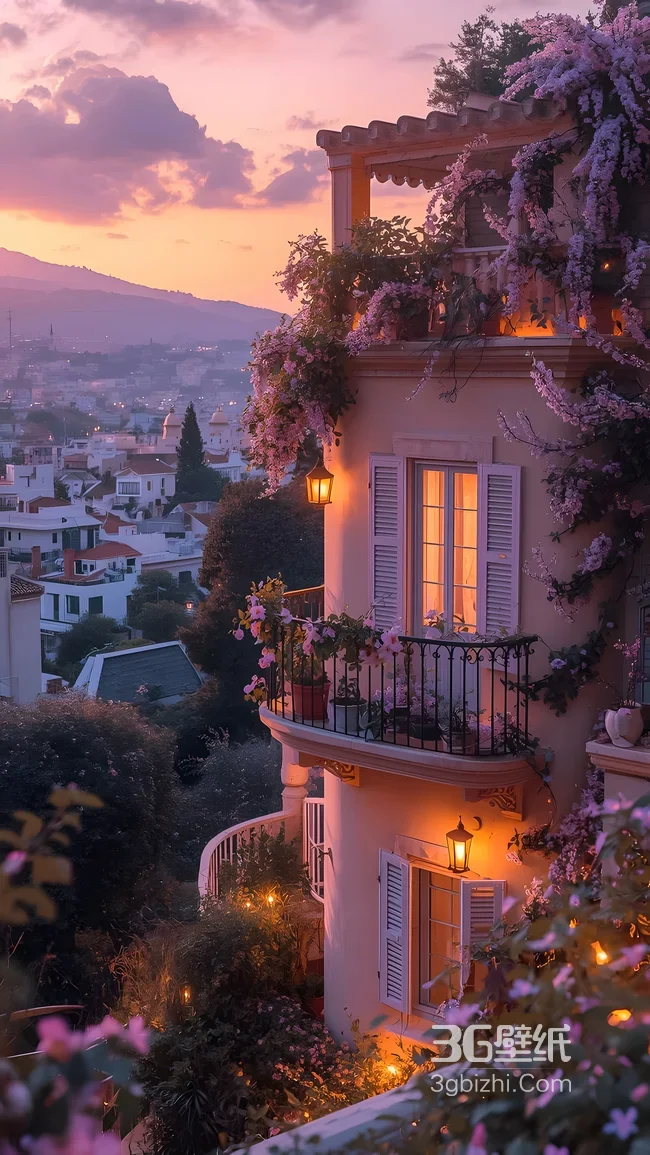 欧式山城花藤阳台·唯美浪漫黄昏氛围感手机壁纸1